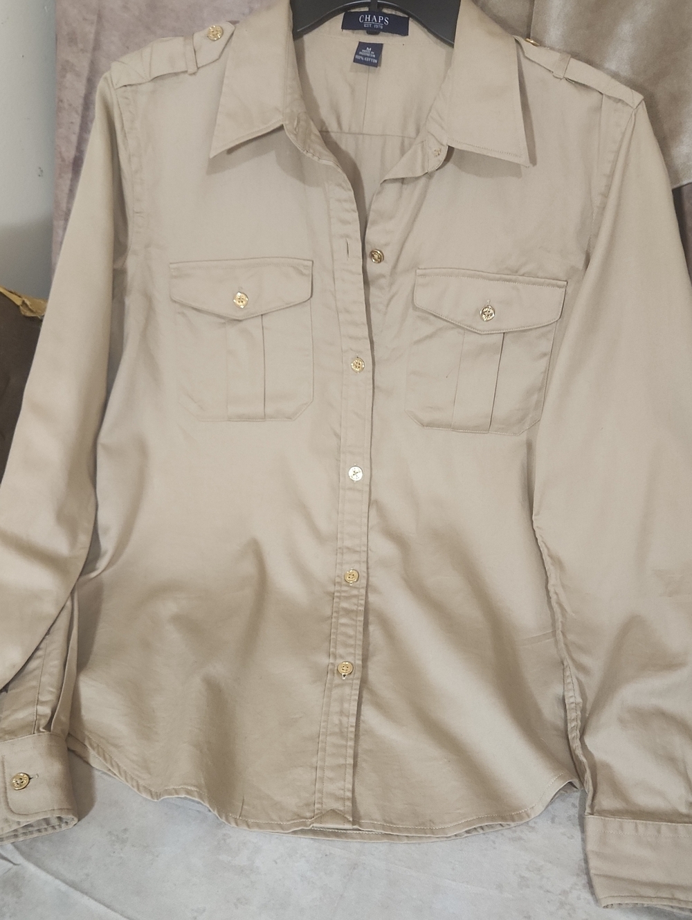 Chaps Women's Tan Button-Down Utility Shirt with Gold Buttons